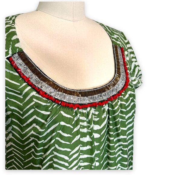 Anthropologie Velvet by Graham & Spencer Green & White Silk Beaded Blouse size S - Picture 8 of 9